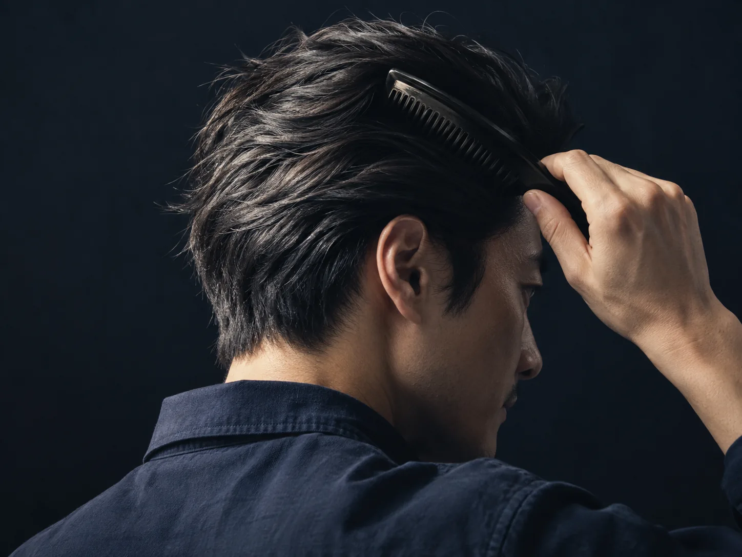 A man drawing a dark comb through swept-back hair