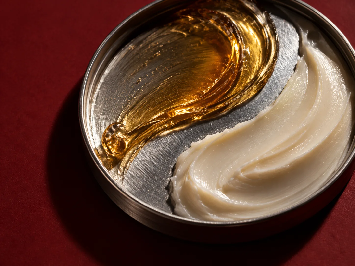 Glossy amber and pale satin styling products on a scratched metal lid