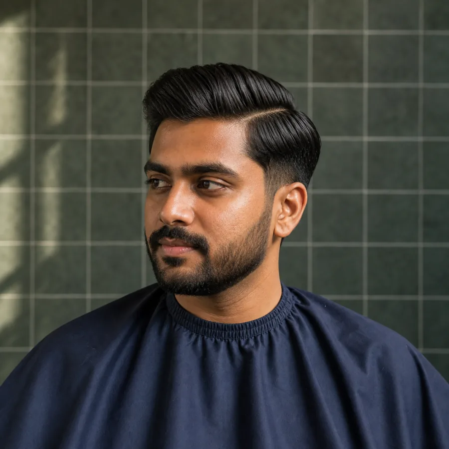 Neat side part with a clean fade and controlled shine